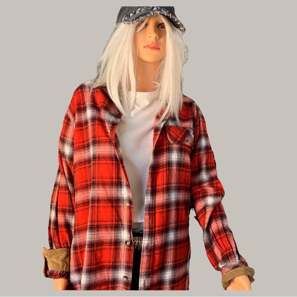 Upcycled Vibrant Red Plaid Unicorn Sequin Shirt - Picture 6 of 11